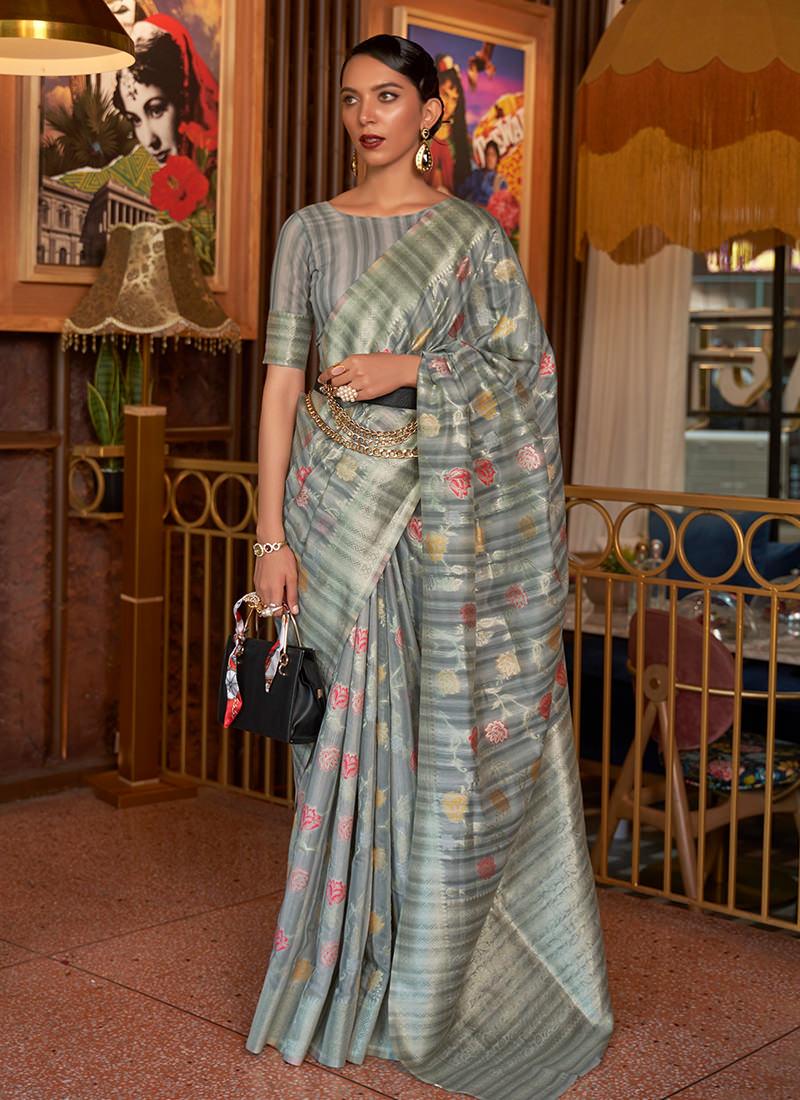 Grey Color Printed Floral Saree Cheap Sale Purchase