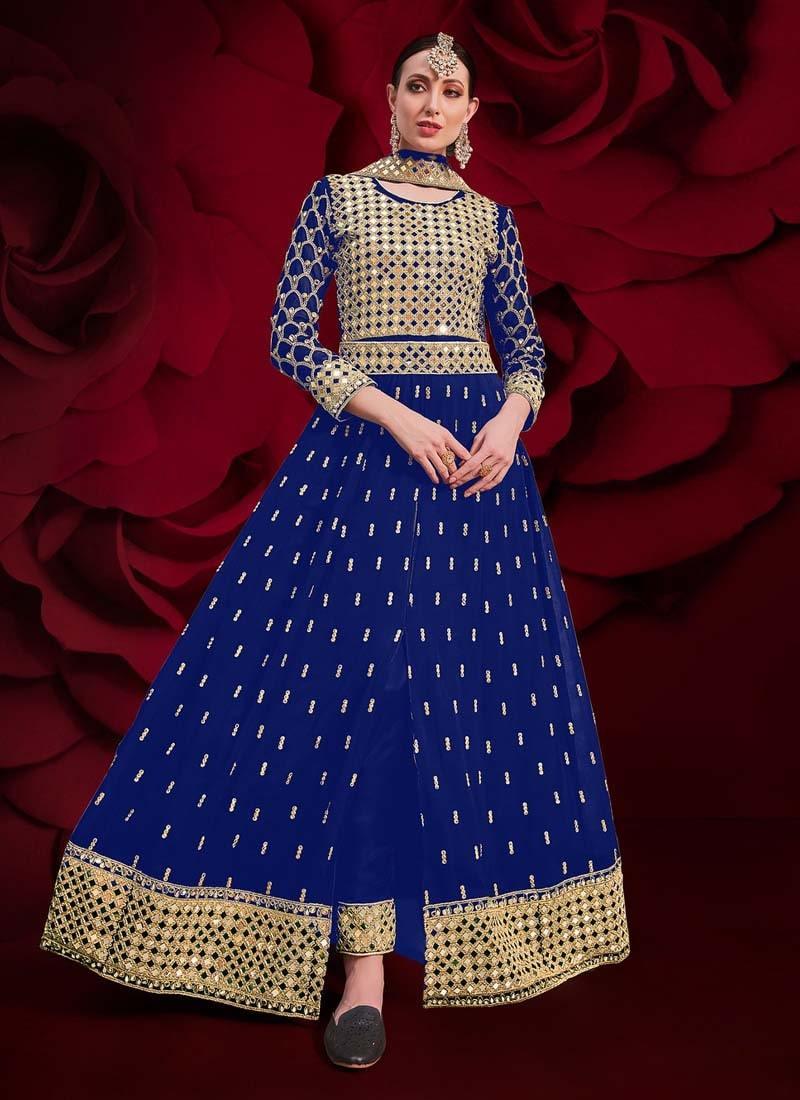 Georgette Fabric Blue Color Mirror And Zari Work Pakistani Salwar Suit Cheap Sale Comfortable