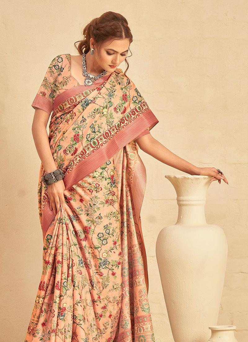 Silk With Digital Print Light Peach Saree Sale Explore