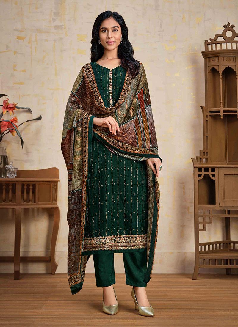 Dark Green Color Chinnon Fabric Swarovski Salwar Suit With Matching Dupatta Really Cheap