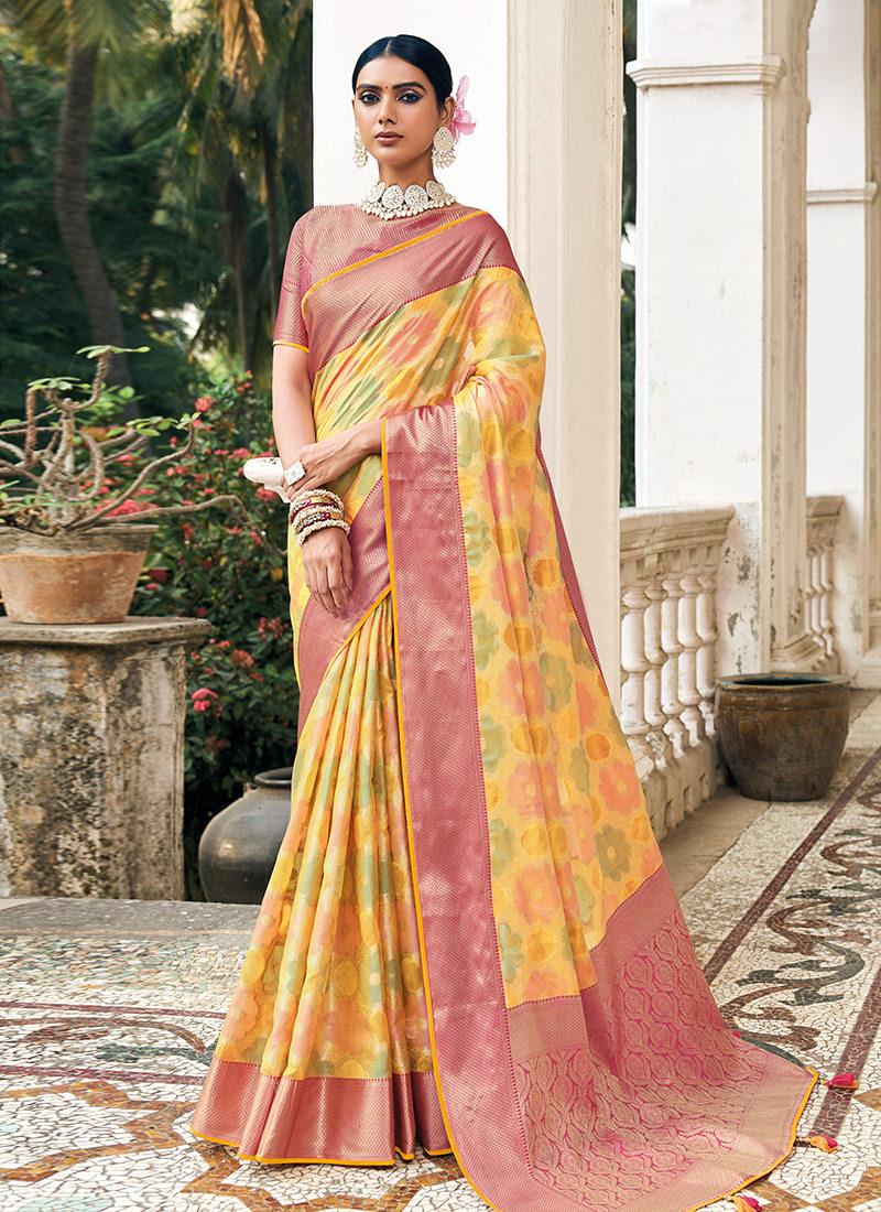 Classic Wear Printed Yellow Organza Saree Outlet Shop