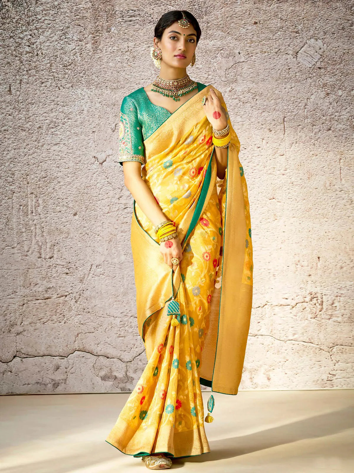 Radiant Yellow Banarasi Silk Saree Floral Embroidered Free Shipping Clearance Store