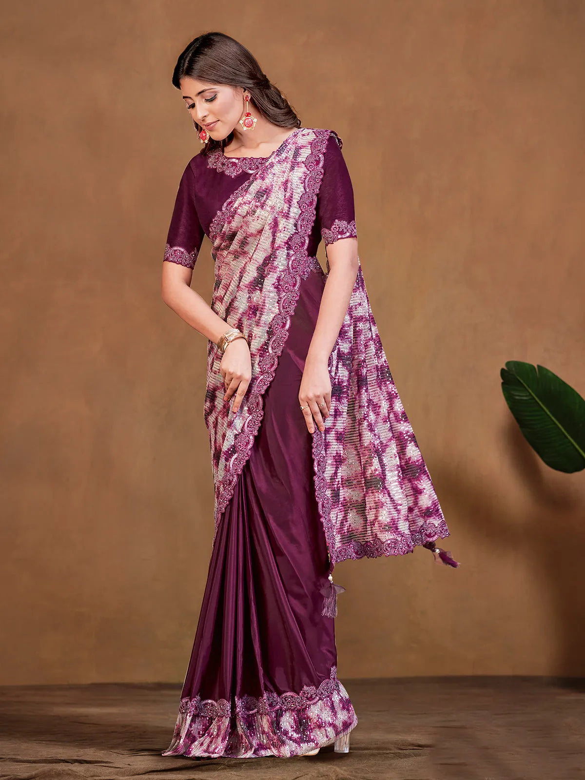 Captivating Wine Satin Crepe Silk Embroidered Ready To Wear Saree Best Seller