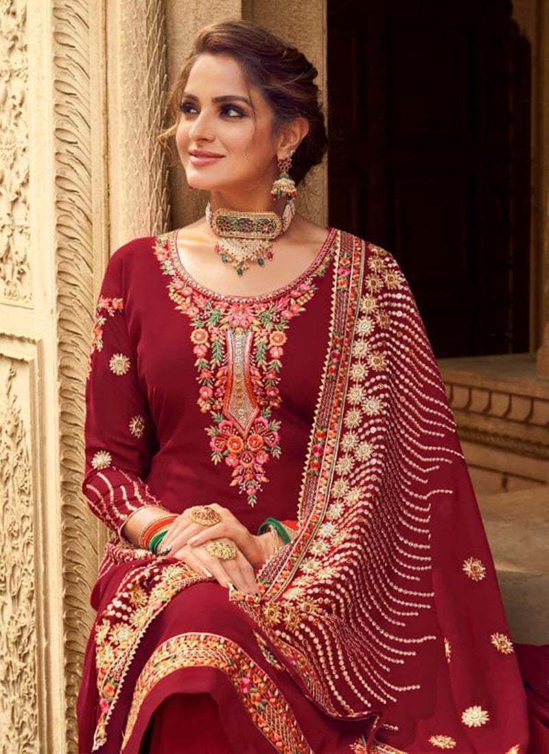 Royal Look Maroon Color Georgette Base Wedding Wear Palazzo Suit Buy Cheap Big Sale