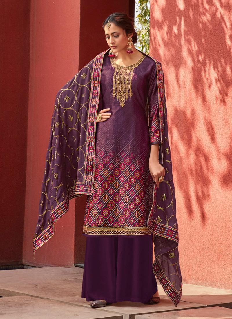 Charming Zari Work Purple Color Satin Fabric Printed Palazzo Salwar Suit Outlet Best Sale