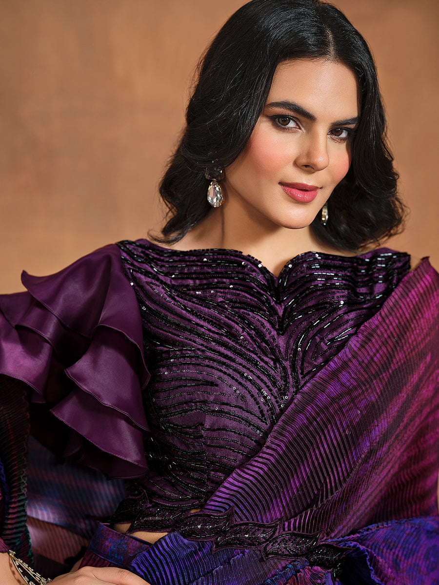 Radiant Dark Purple Satin Silk Printed Ready To Wear Saree Outlet Good Selling