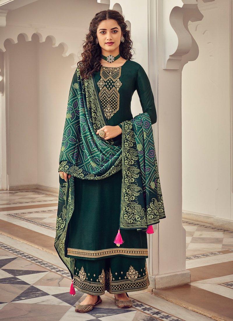 Dark Green Color Art Silk Material Palazzo Salwar Suit With Printed Dupatta Buy Cheap With Credit Card