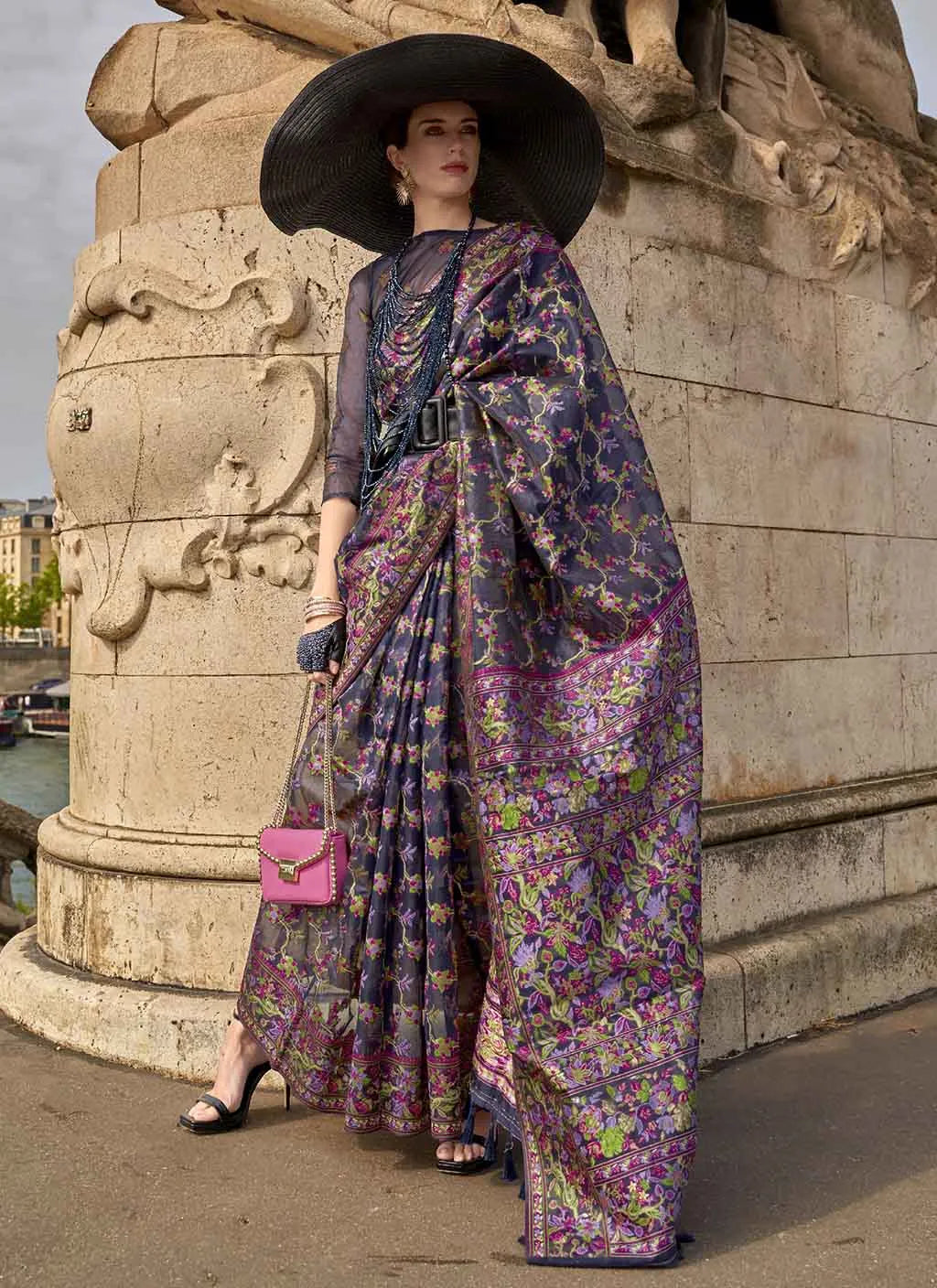 Fantastic Purple Handloom Organza Parsi Weaving saree Outlet For Sale