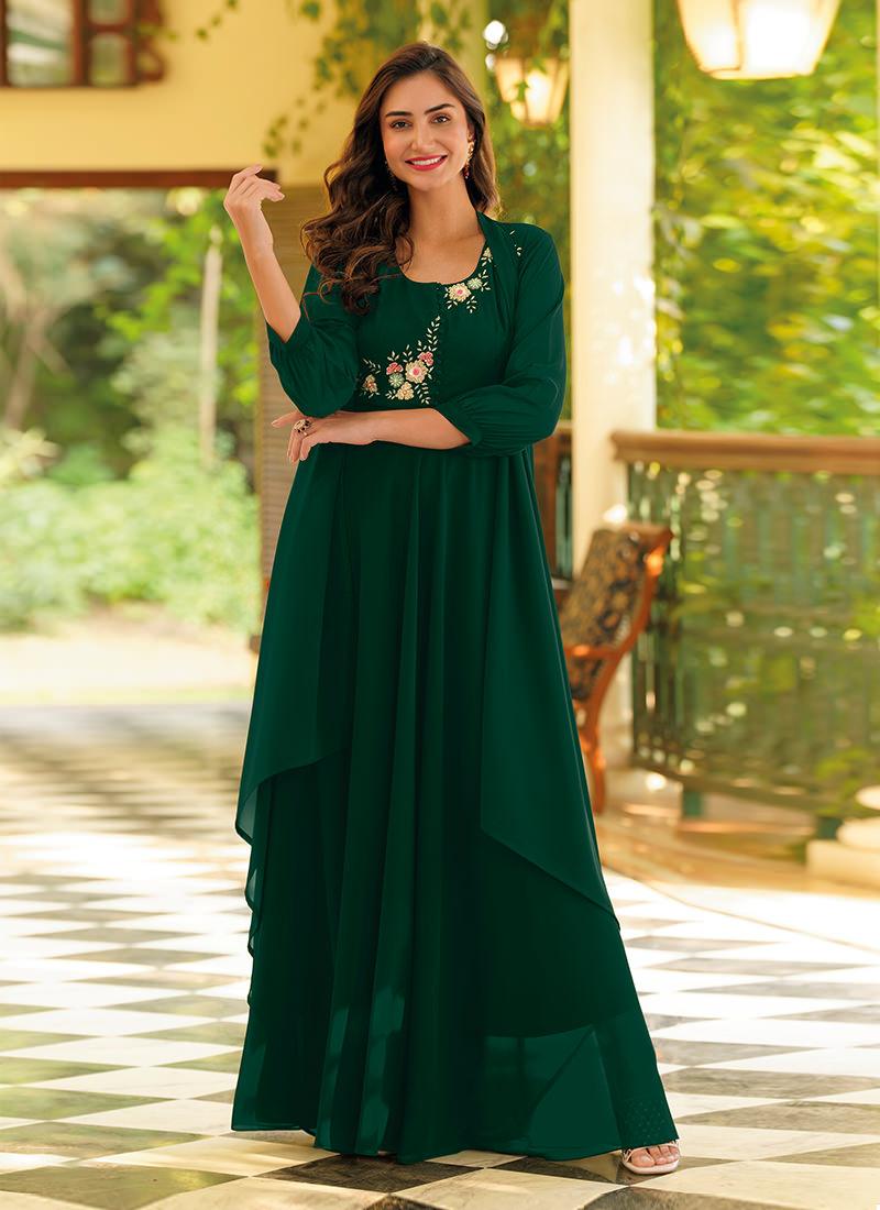 Hand Work Dark Green Georgette Kurti Discount Fast Delivery