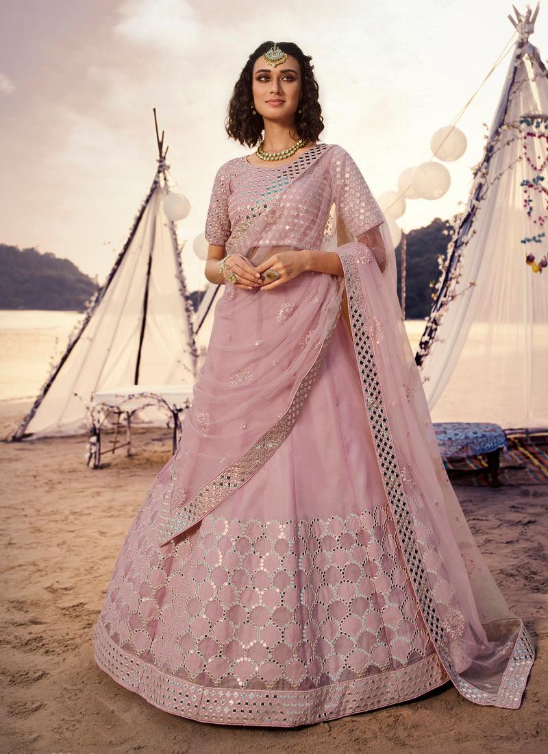 Serene Baby Pink Foil Mirror Work Organza Lehenga Choli Set Clearance Official