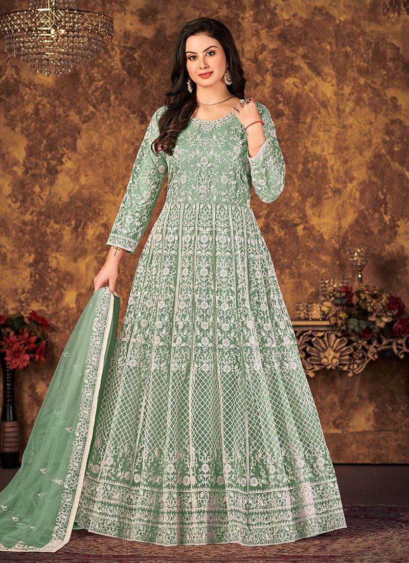 Green Color Net Base Embroidered Gown Discount Choice