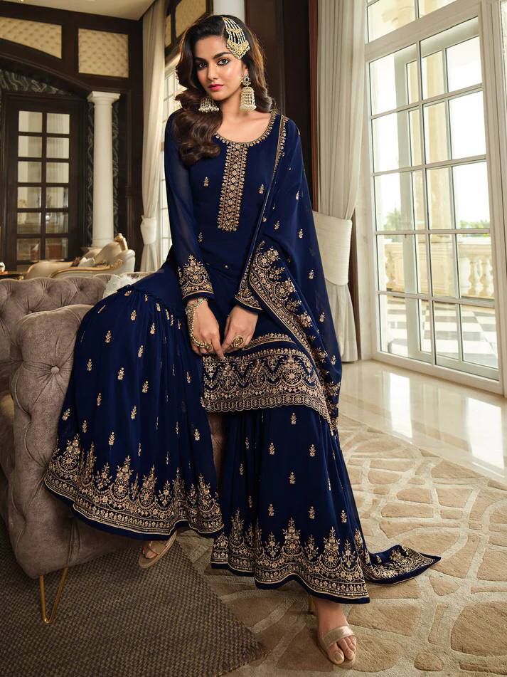 Heartwarming Navy Blue Faux Georgette Embroidered Sharara Suit Clearance Pirce Sale