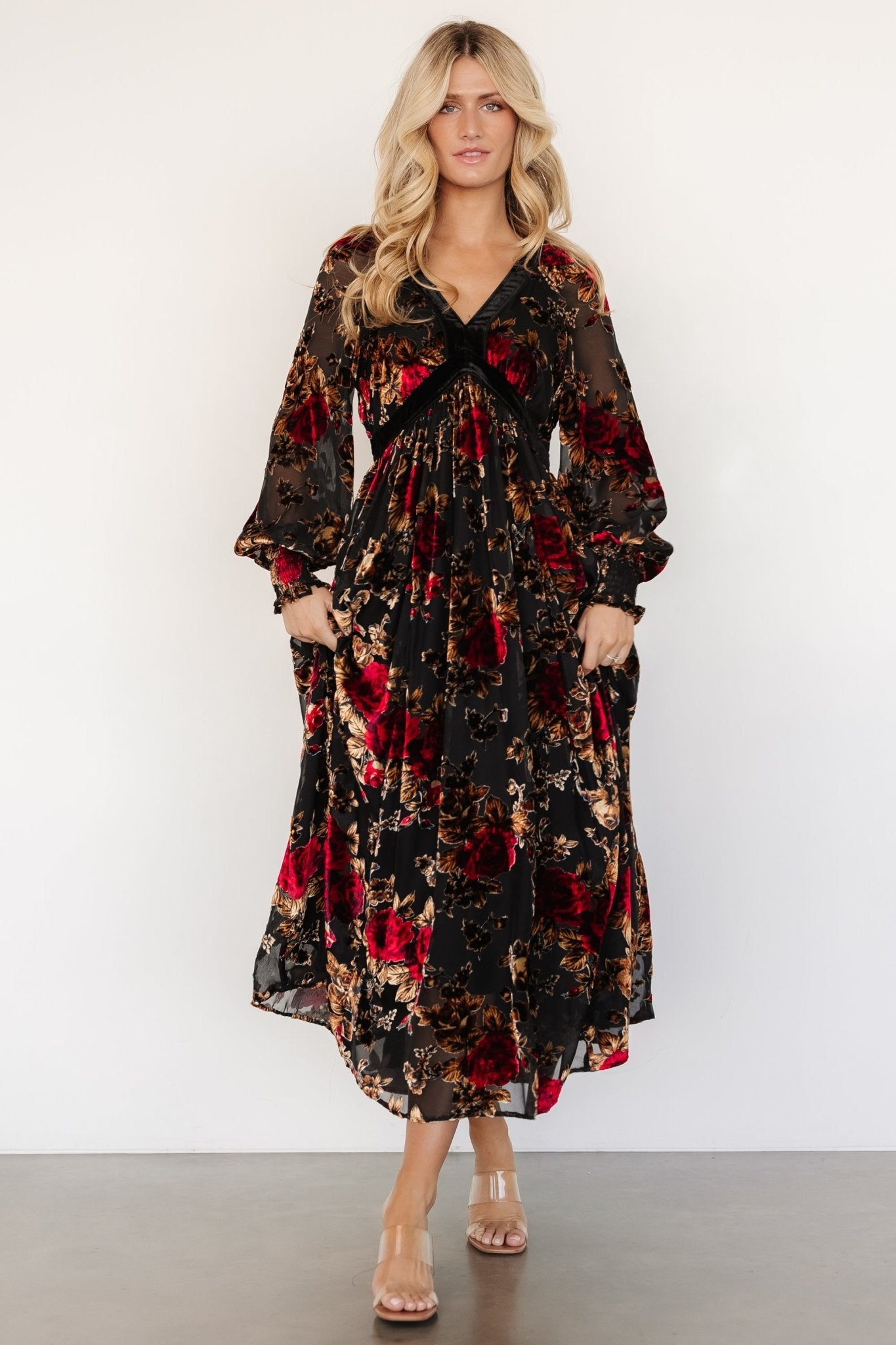 Adele Velvet Dress | Black + Rose Floral Cheap Sale Many Kinds Of