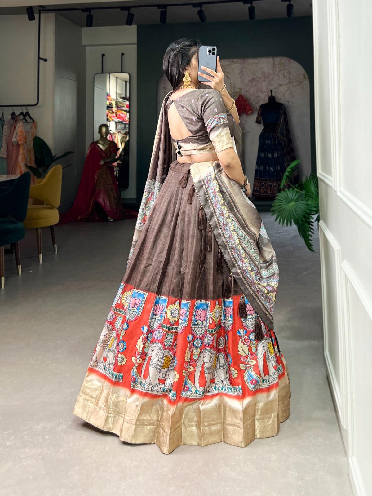 Kalamkari Printed Dola Silk Festival Wear Lehenga Choli Sale Geniue Stockist