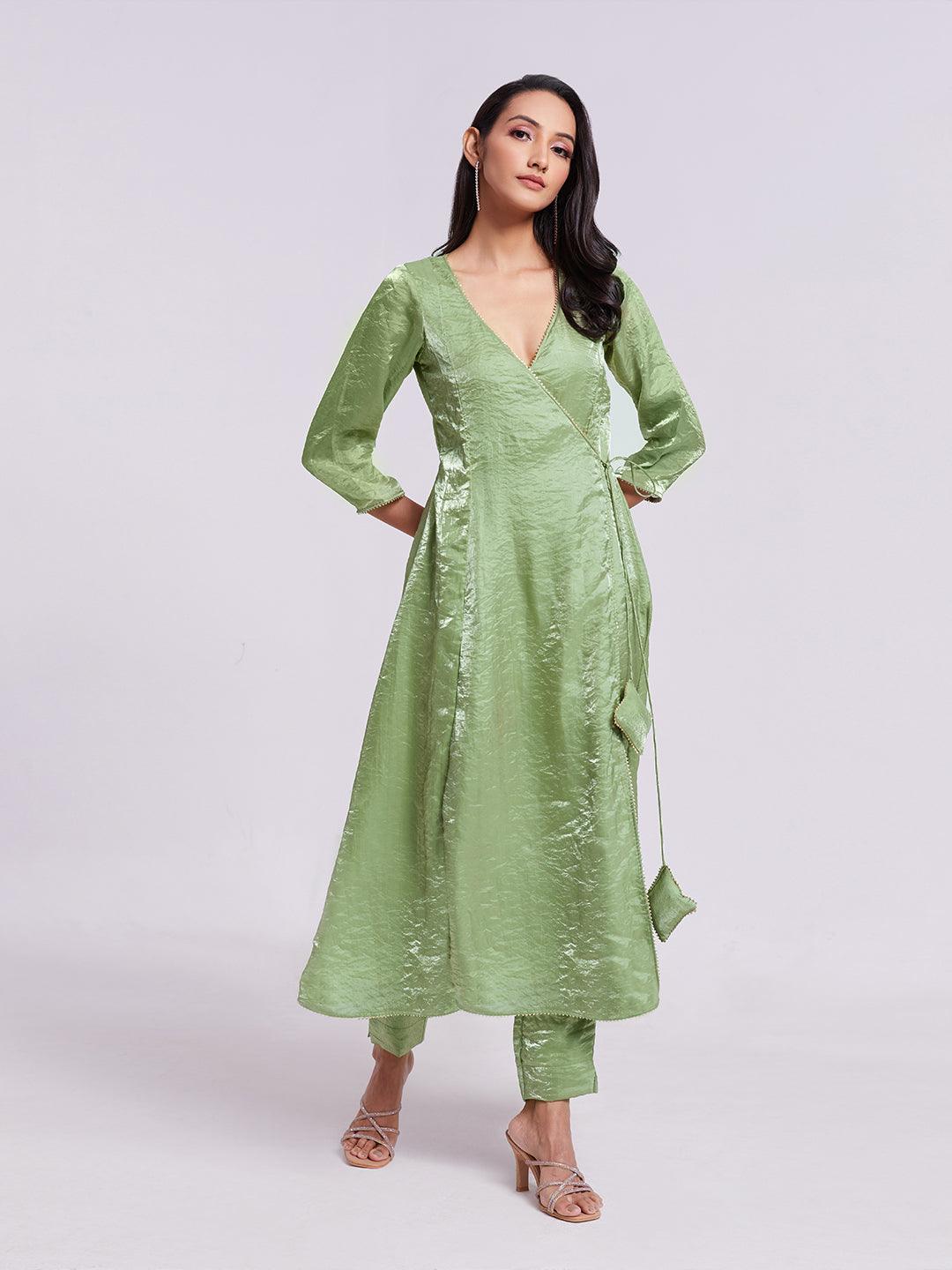 Olive Green ready-to-wear organza salwar kameez with tassels Classic For Sale