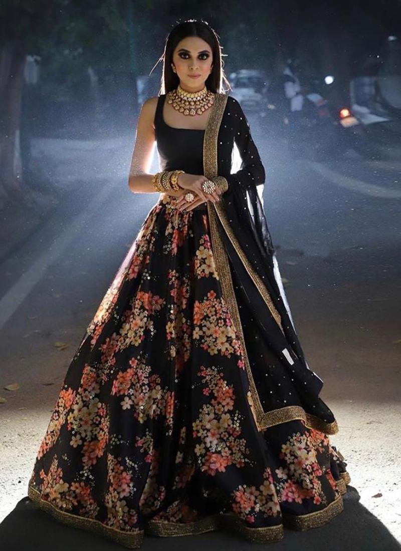 Classic Black Lace Digital Print Organza Lehenga Choli Set Cheap Sale Latest Collections