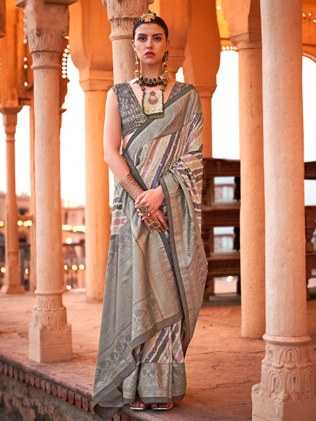 Gorgeous Silver Grey Viscose Silk Printed Saree Outlet Genuine