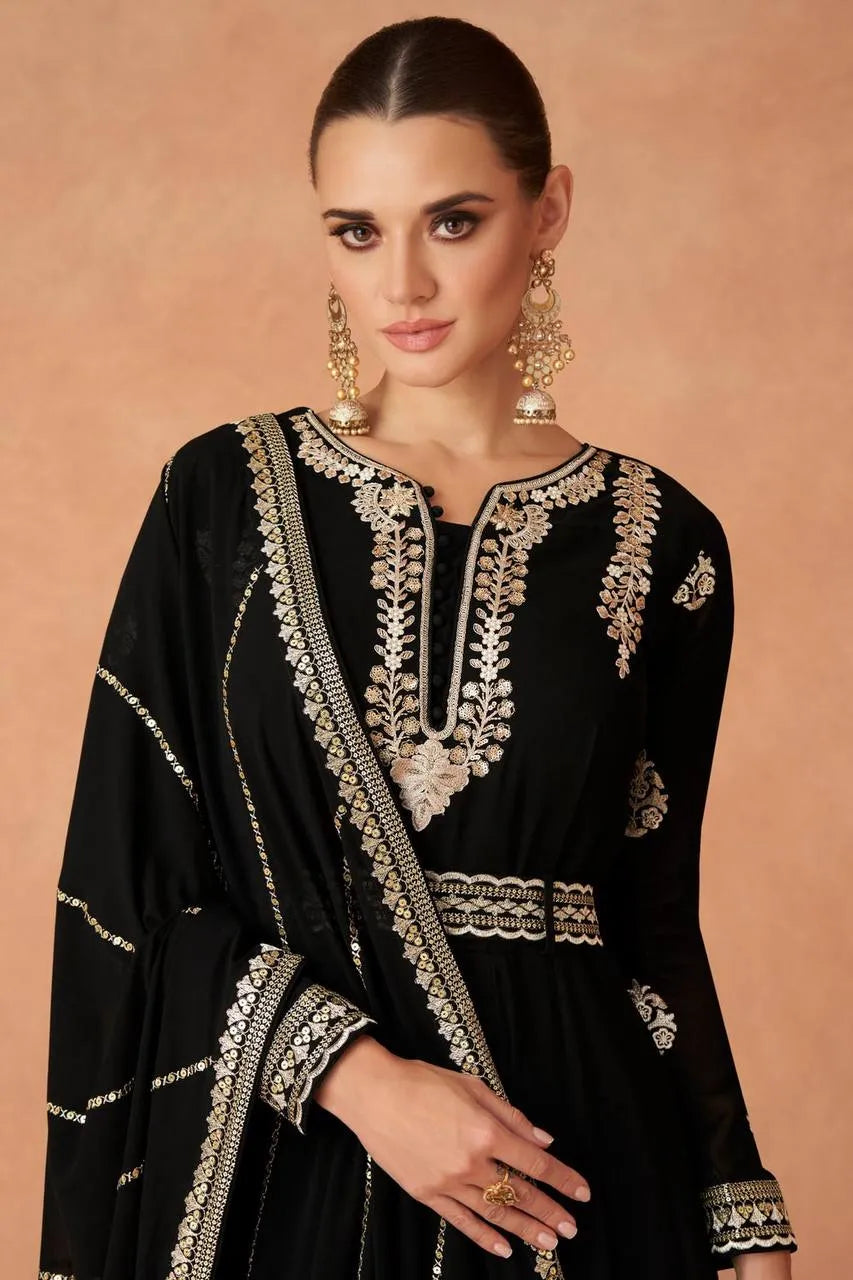 Designer Black Faux Georgette Embroidered Gown With Belt Cheap Sale 2025