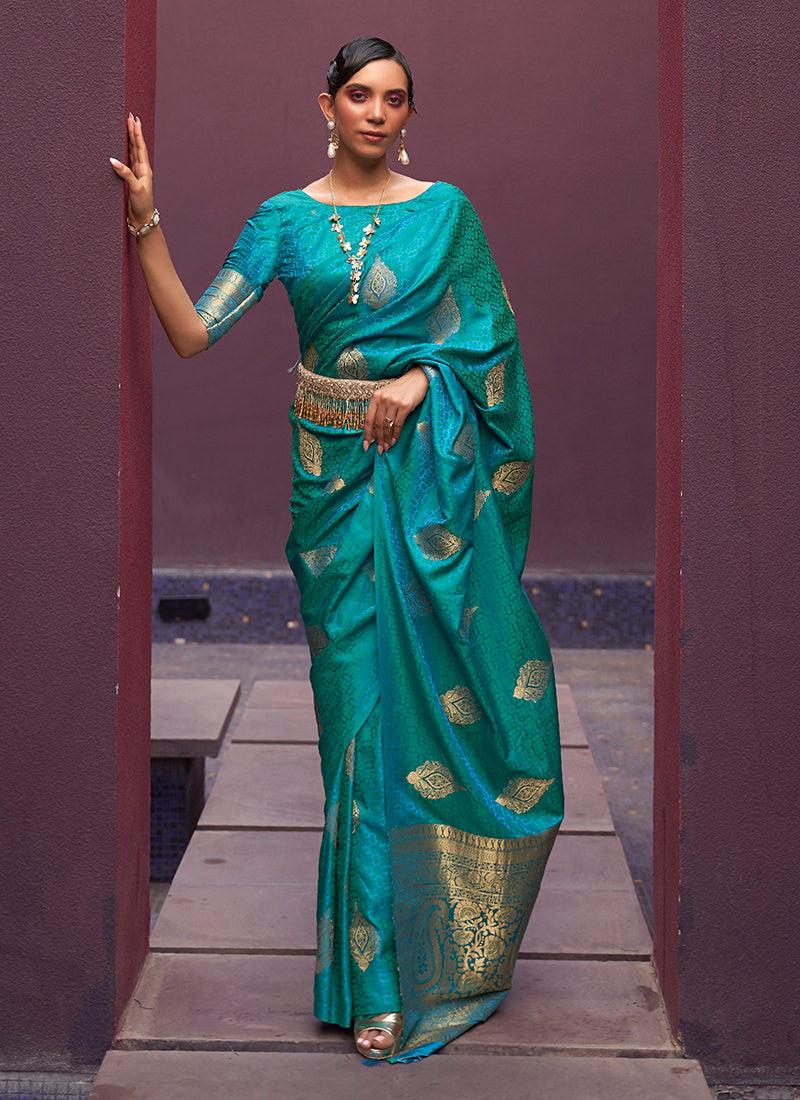 Silk Weaving Pine Green Satin Classic Saree Browse