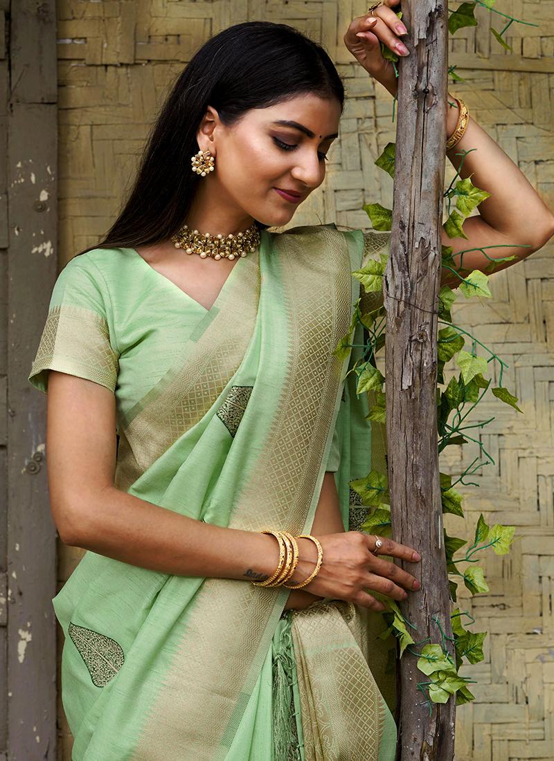 Pista Green Color Leaves Print Silk Saree Cheap Sale Amazon