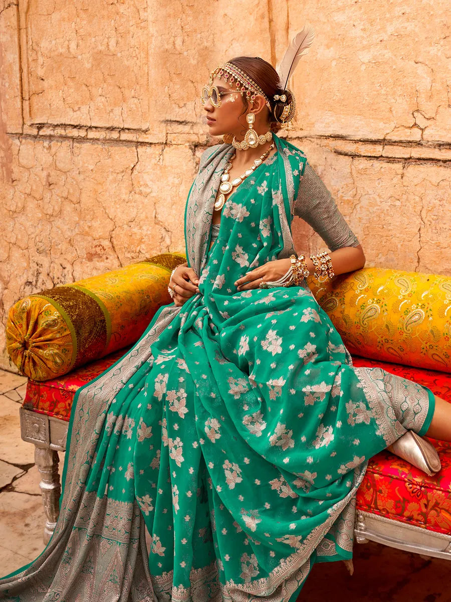 Fantastic Teal Green Georgette Saree with Weaving Butta Border Tumblr Cheap Pice