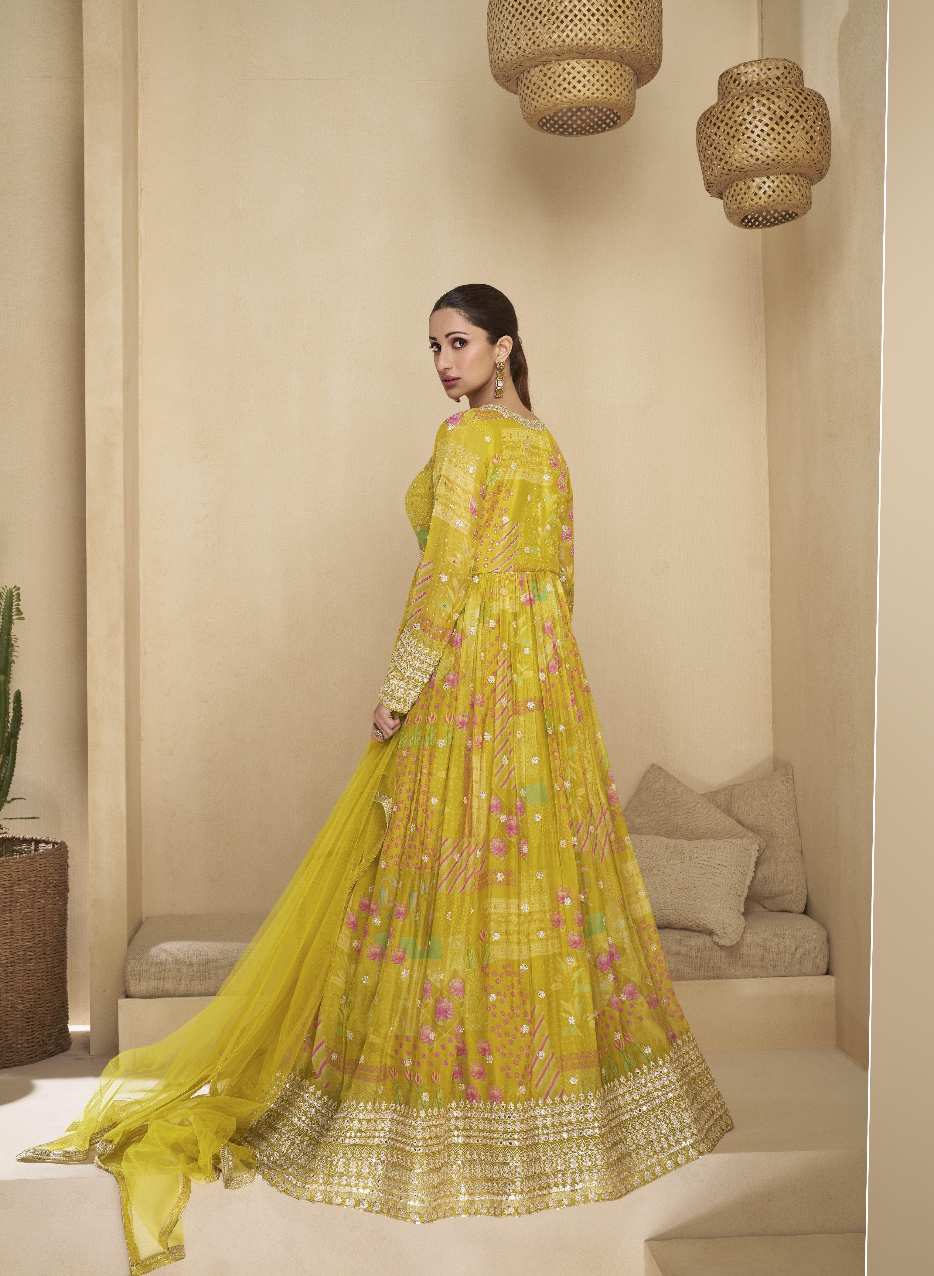 Yellow Pure Georgette Printed Embroidered Festival Wear Designer Gown Free Shipping Eastbay