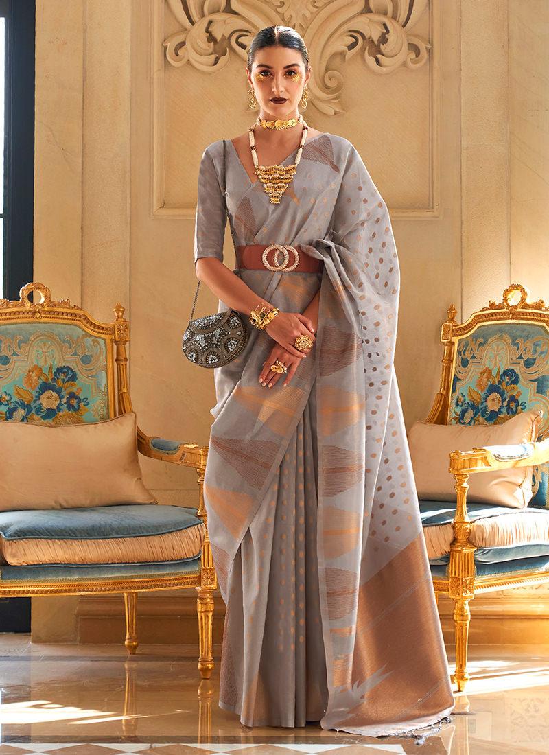 Zari Weaving Grey Color Classic Saree Sale Fashion