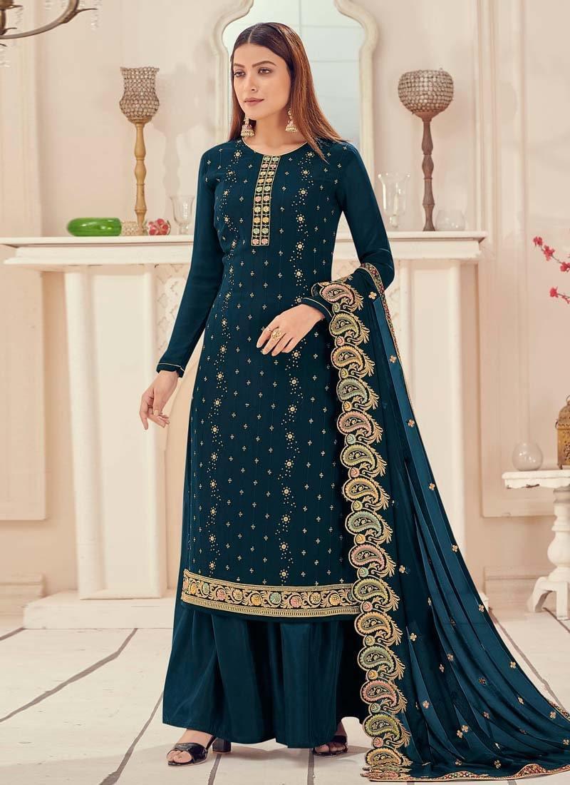 Georgette Base Teal Blue Color Resham And Zari Work Palazzo Salwar Kameez Sale Amazon