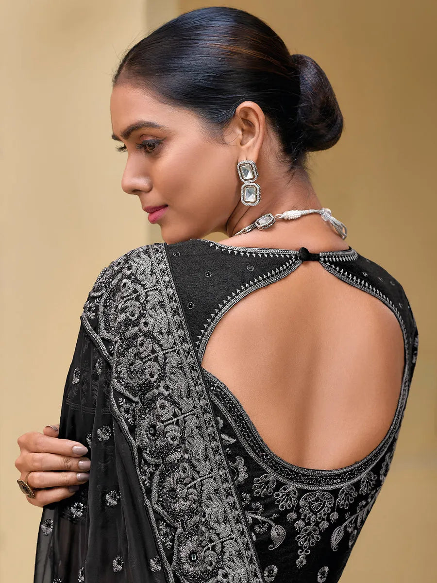 Fabulous Black Banarasi Silk Embroidered Saree Cheap Sale Pay With Paypal