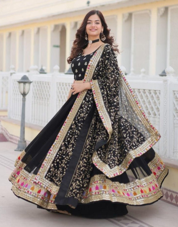 Stunning Black Faux Georgette Heavy Thread Sequins Embroidered Lehenga Choli Set Outlet Online Shop