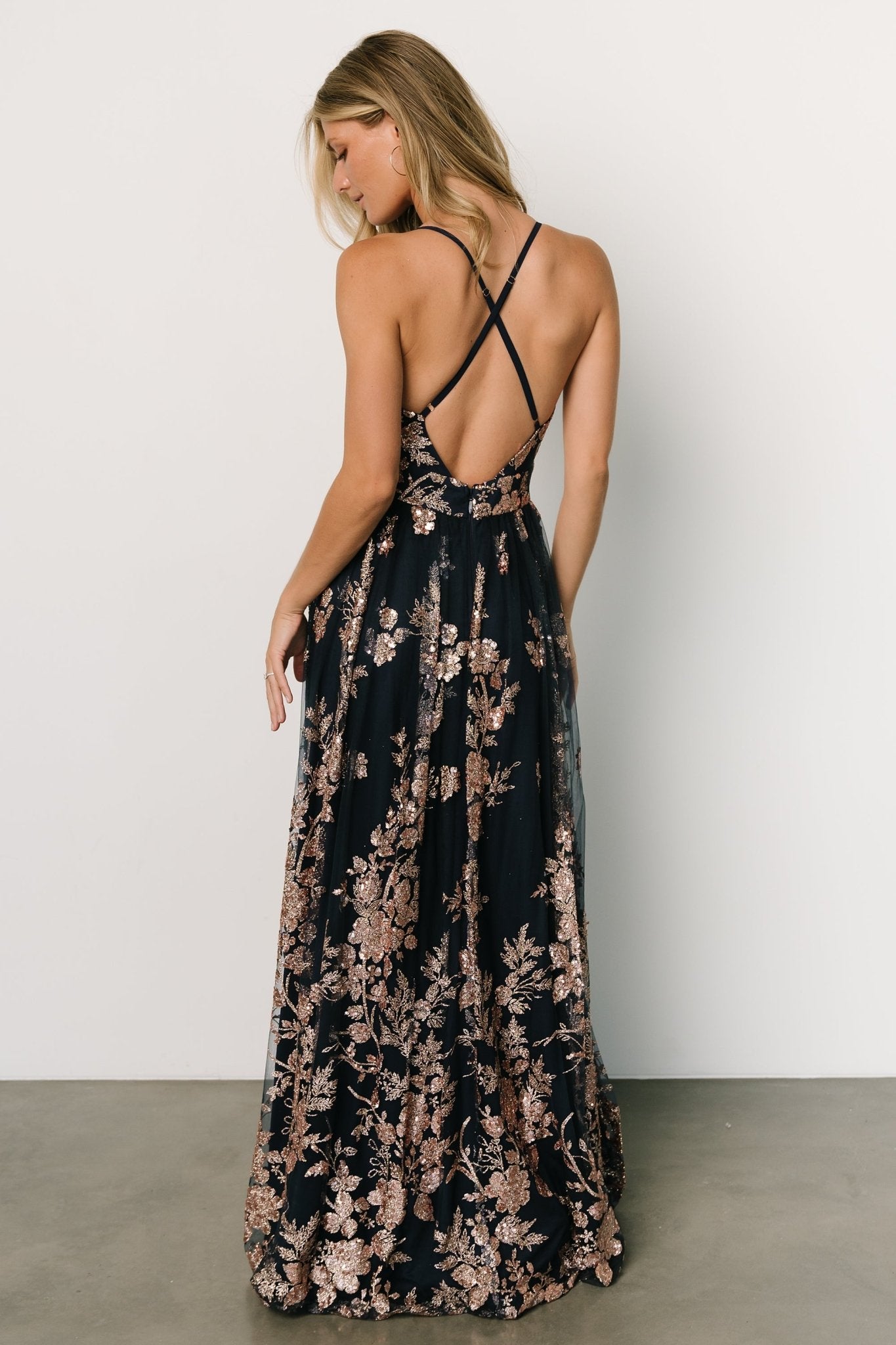 Lucienne Shimmer Maxi Gown | Navy + Rose Gold Clearance Fake