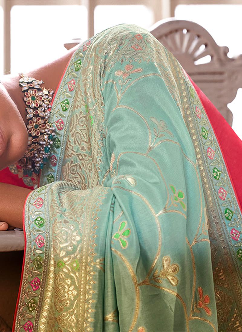 Embroidered Blouse Turquoise Dola Silk Saree Sale Purchase