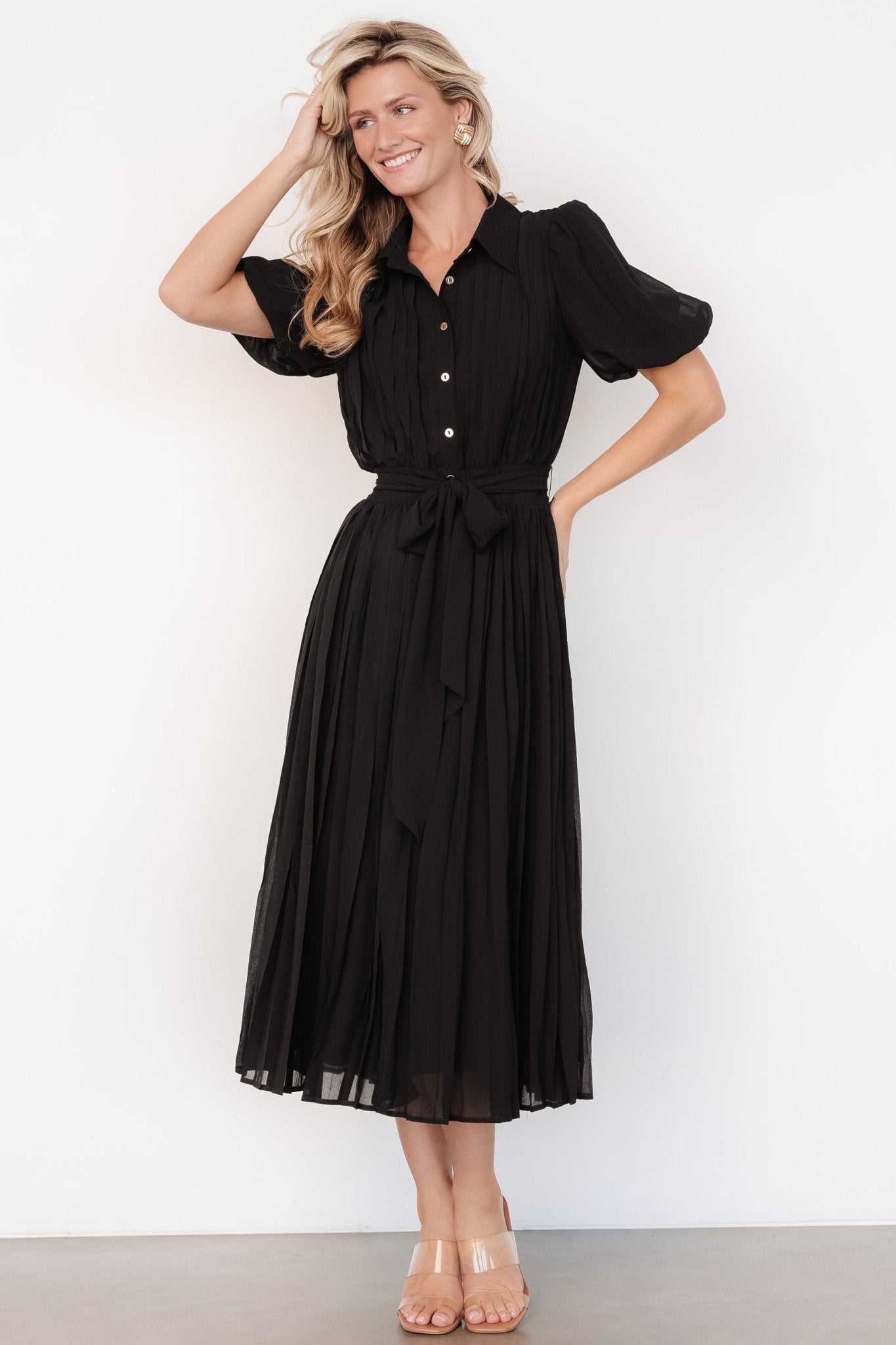 Boston Pleated Button Dress | Black Discounts Cheap Pice