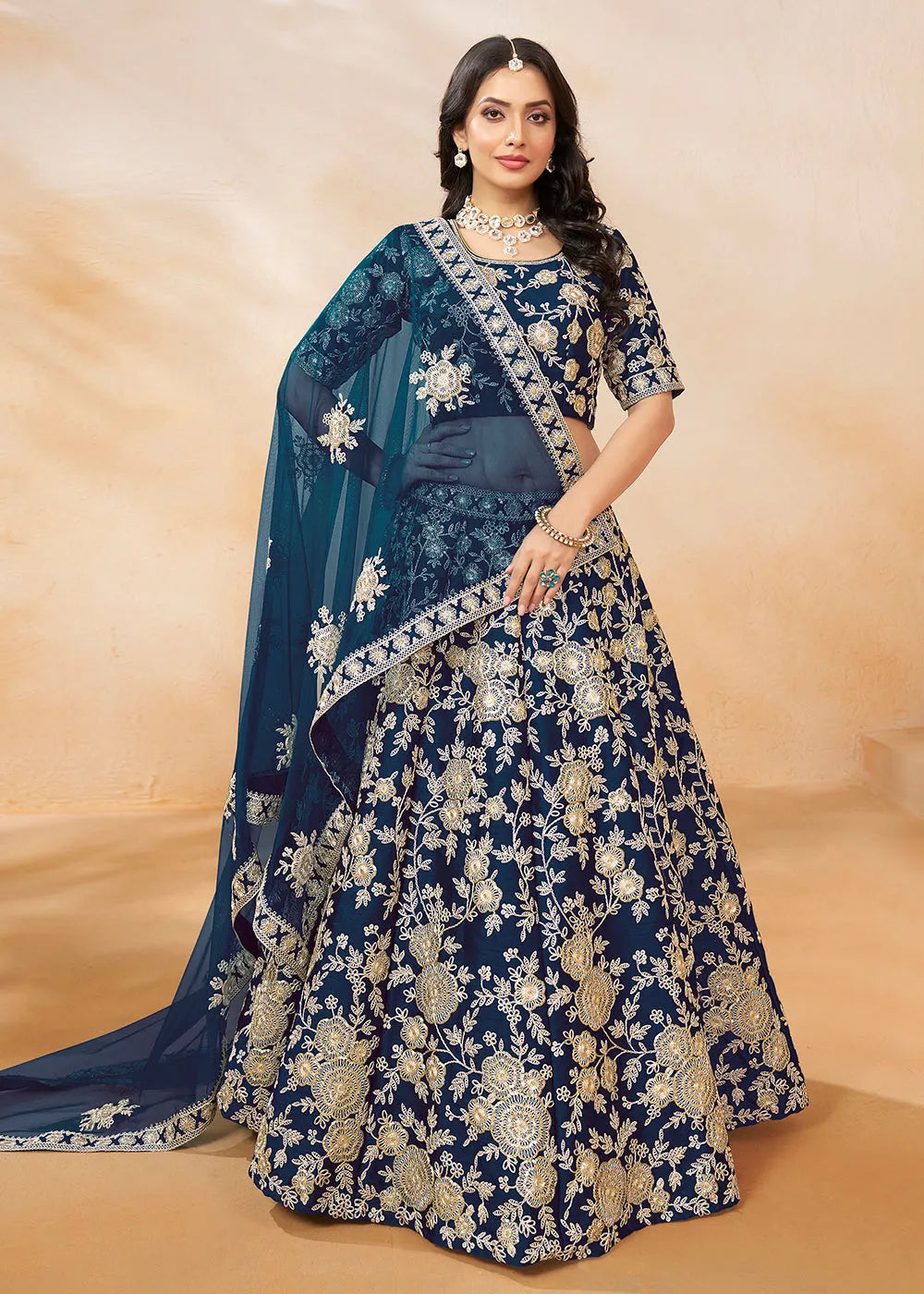 Elegant Designer Navy Blue Embroidered Art Silk Lehenga Choli View