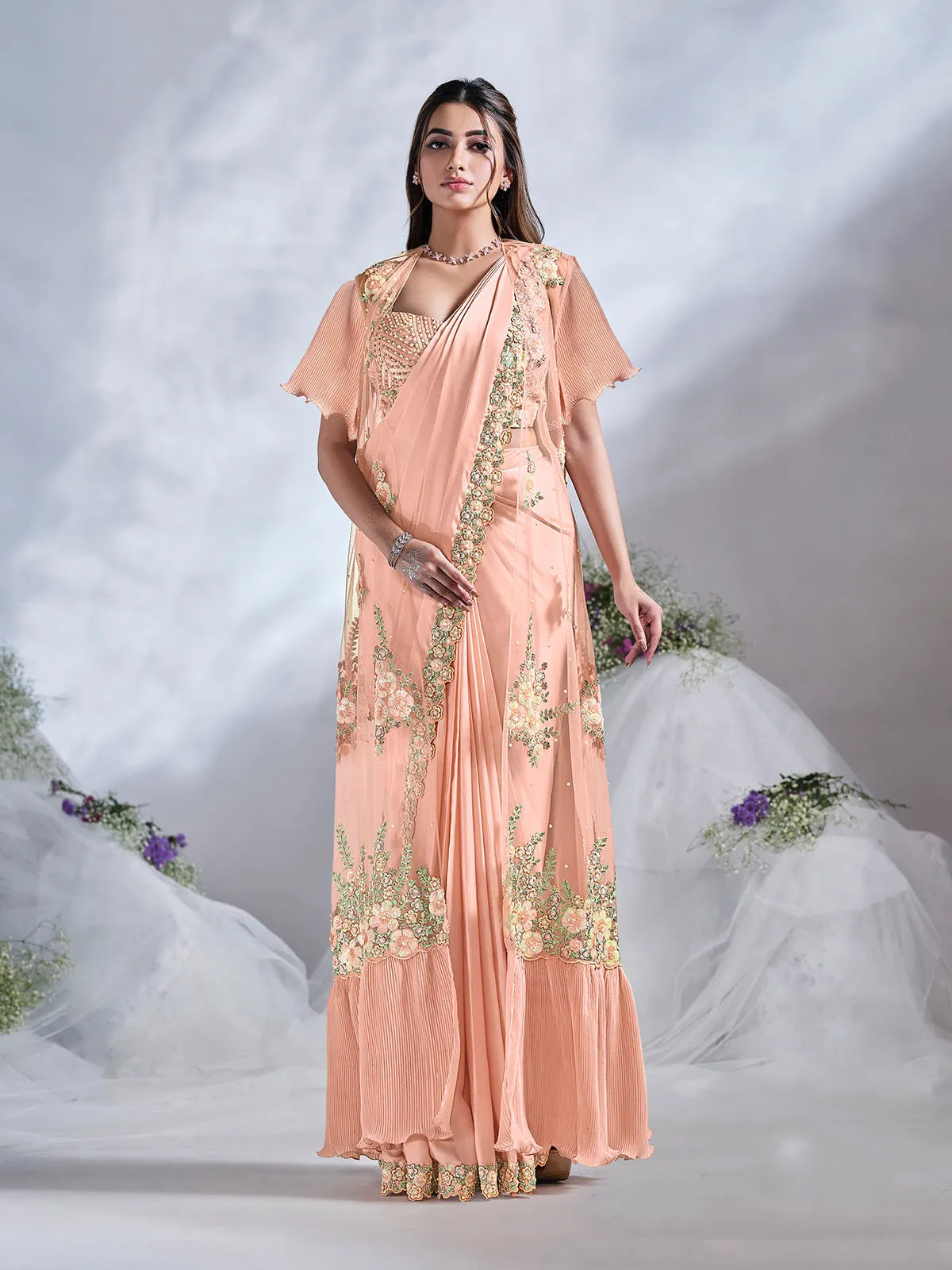 Passionate Peach Ready To Wear Crepe Satin Silk Saree Clearance 100% Guaranteed