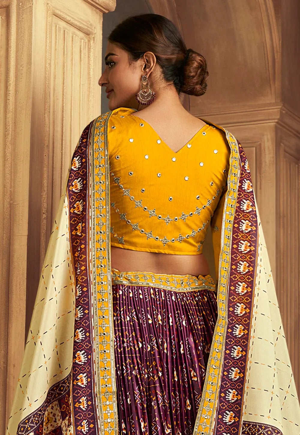 Impressive Gaji Silk Wine-Yellow Patola Printed Lehenga Choli Discount Wholesale