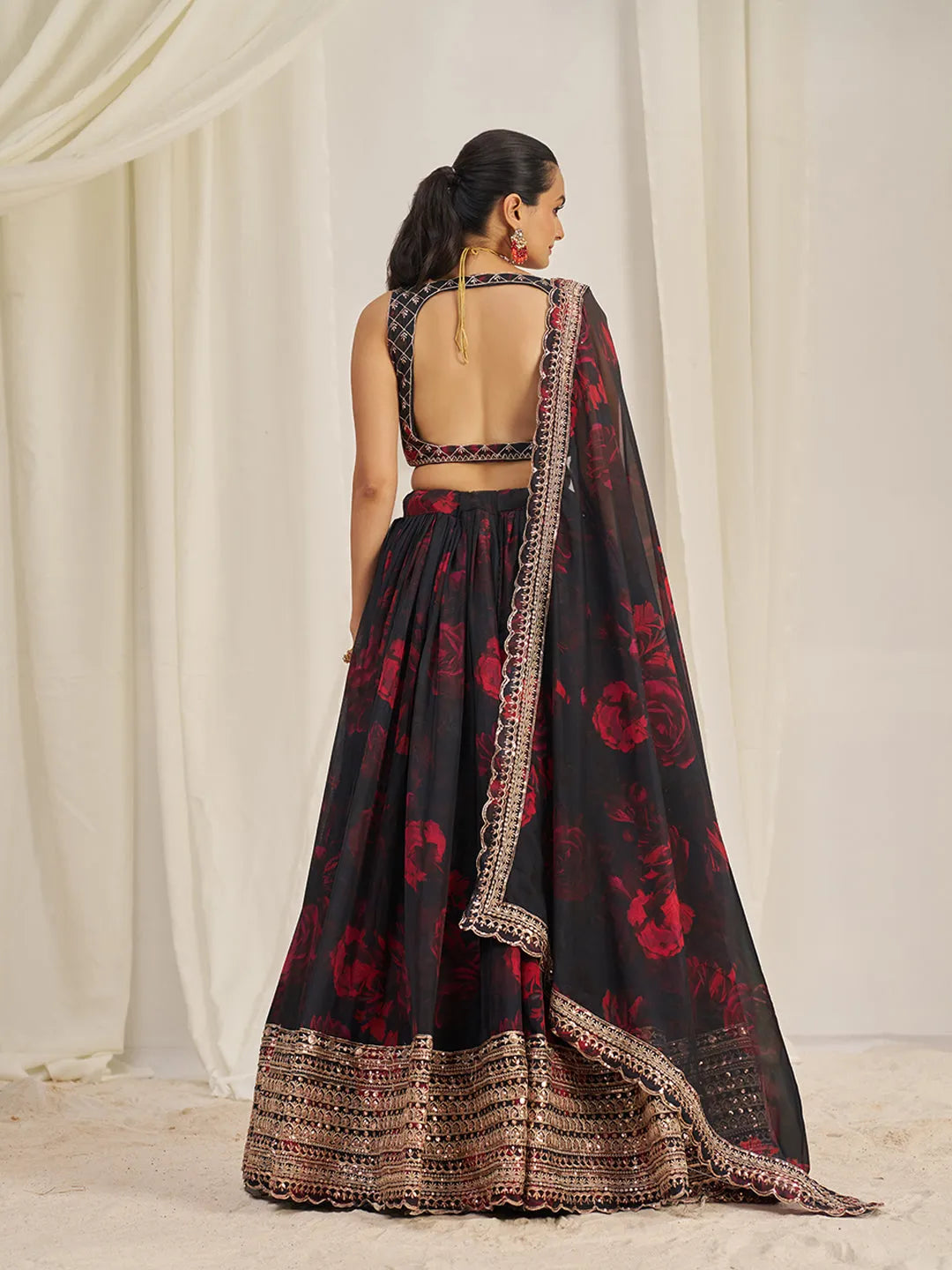 Black Organza Zari Dori Sequins Floral Lehenga Choli Set Grey Outlet Store Online