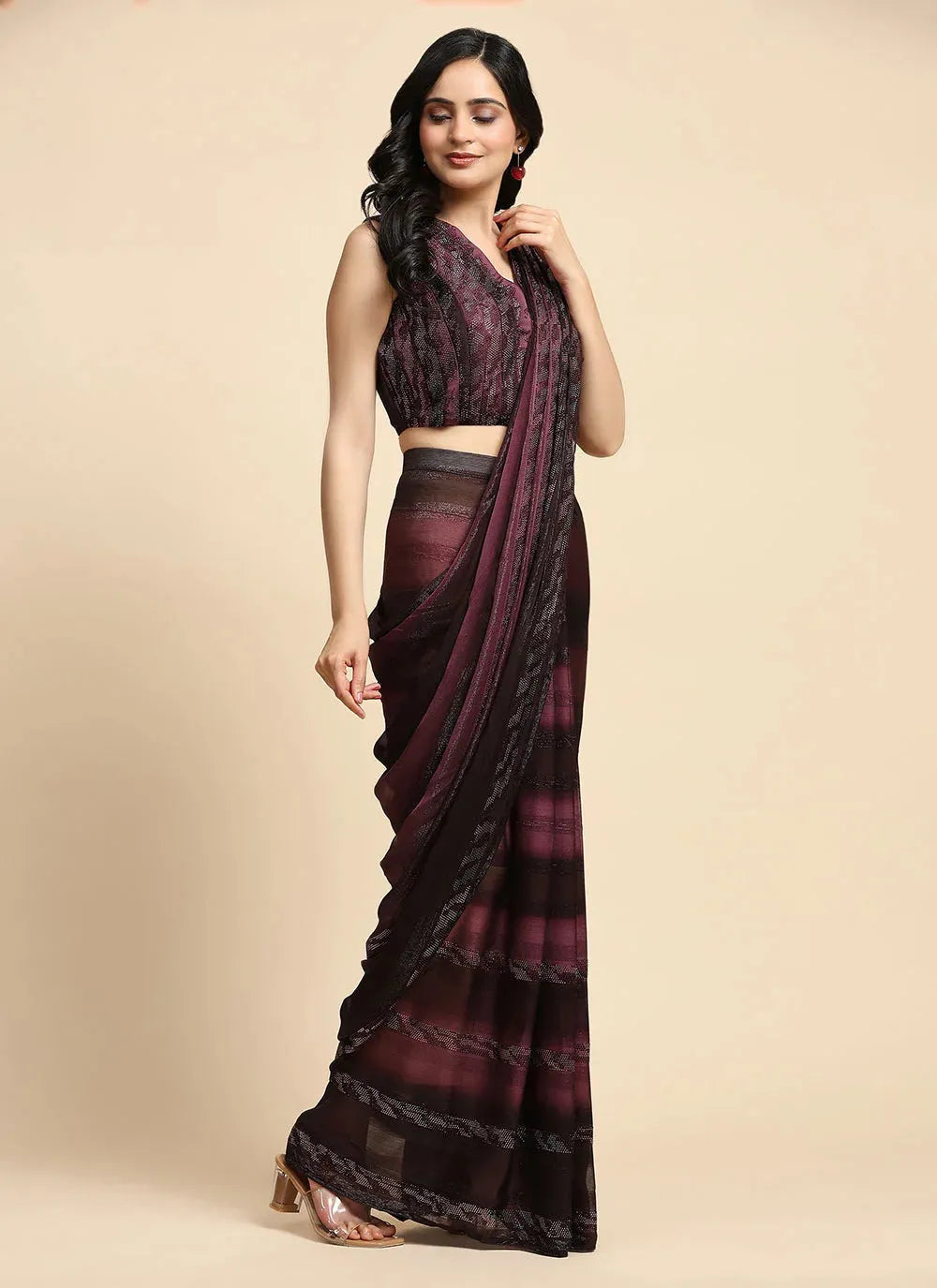 Wine Pure Satin Silk Stone Worked Ready To Wear Saree Wiki Cheap Pice