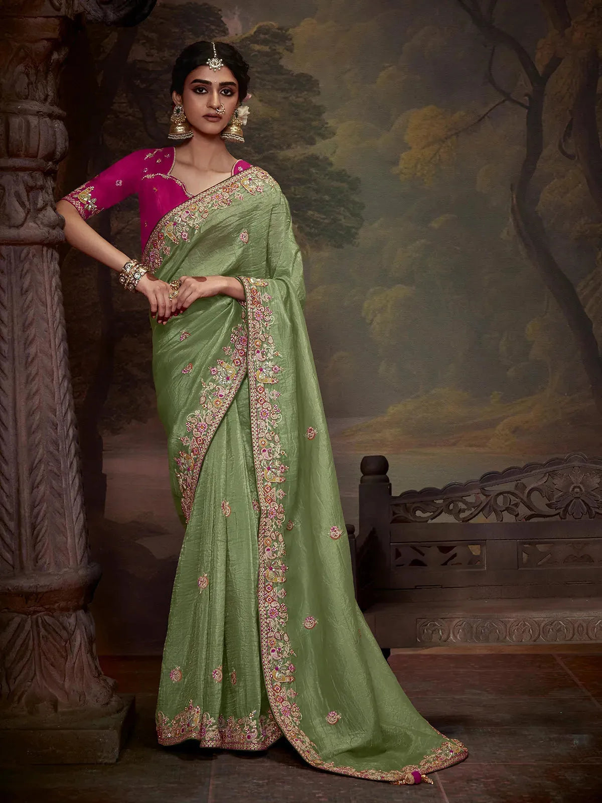 Elegant Pista Green Embroidered Fancy Saree Pices For Sale