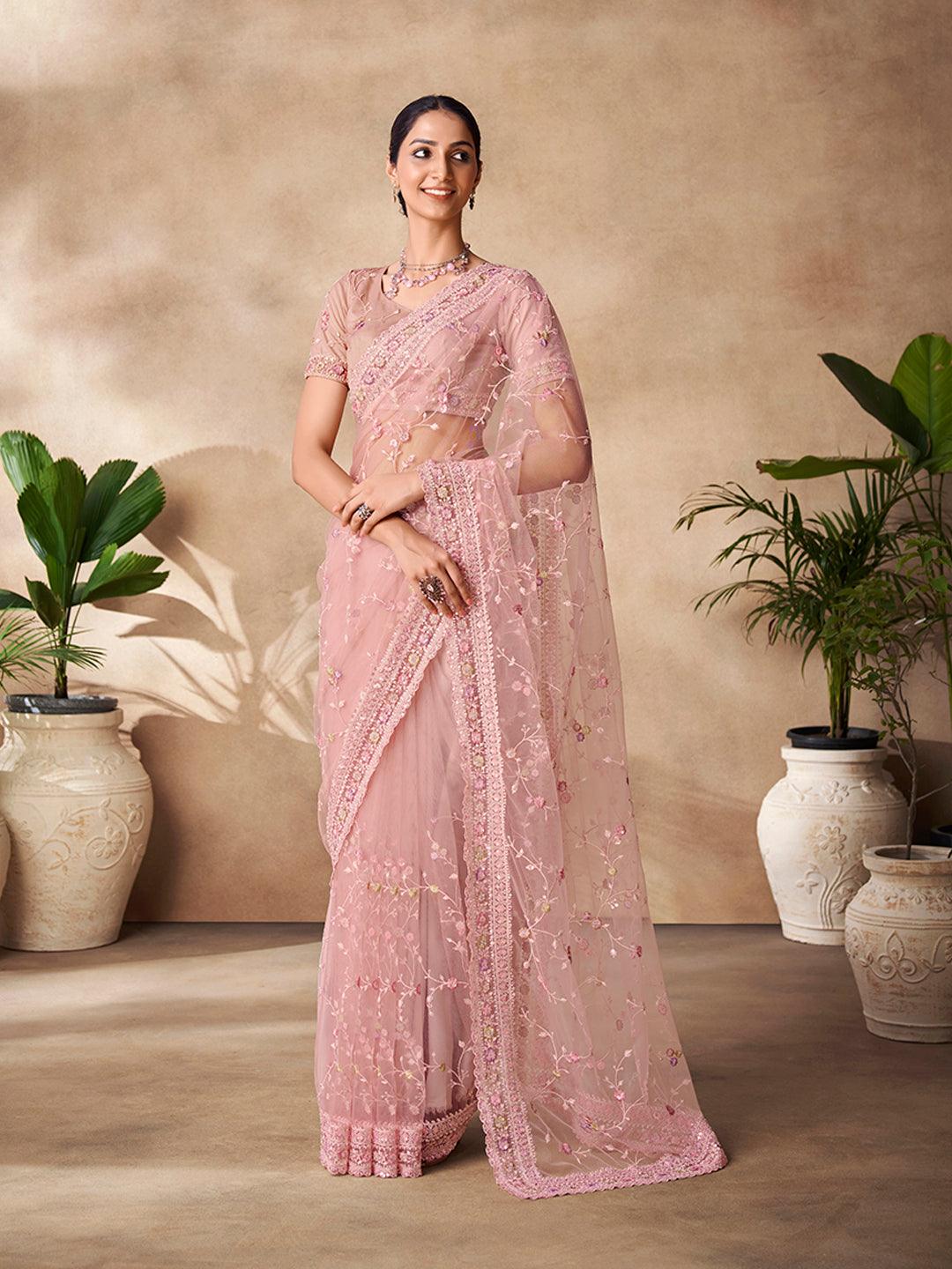 Net base peach color embroidered and sequins work saree Free Shipping Inexpensive