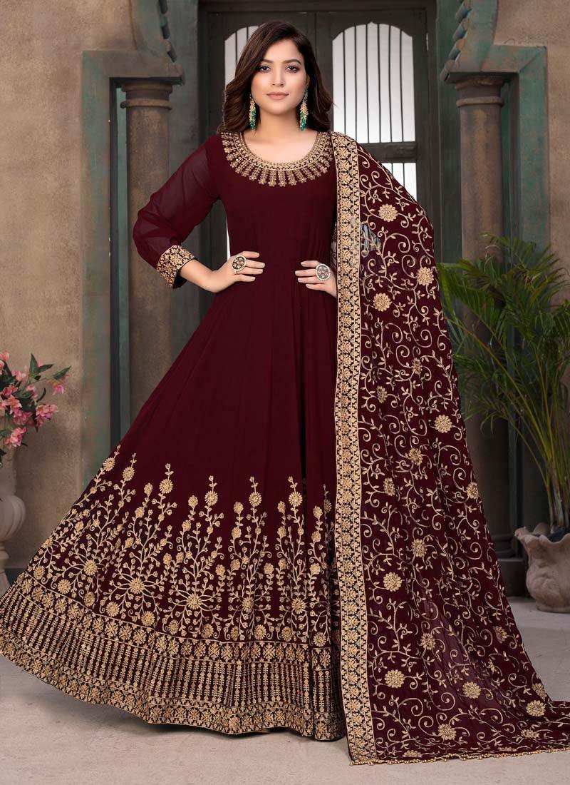 Maroon Color Stone Work Georgette Base Designer Gown With Dupatta Free Shipping Supply