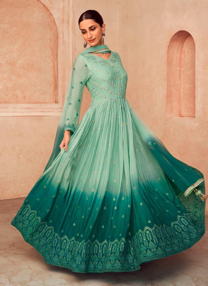 Sea Green Sequins Embroidered Shaded Gown Best Store To Get Cheap Online