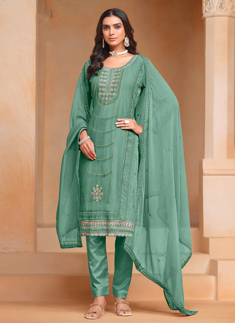 Formidable Green Multi Embroidered Salwar Suit Low Shipping Cheap Pice