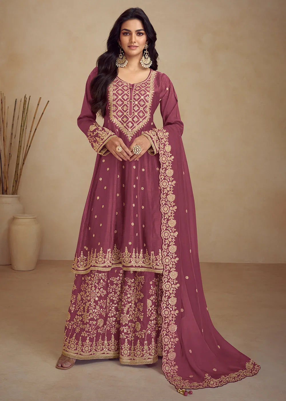 Designer Pure Chinnon Pink Embroidered Palazzo Suit Discount Outlet Locations