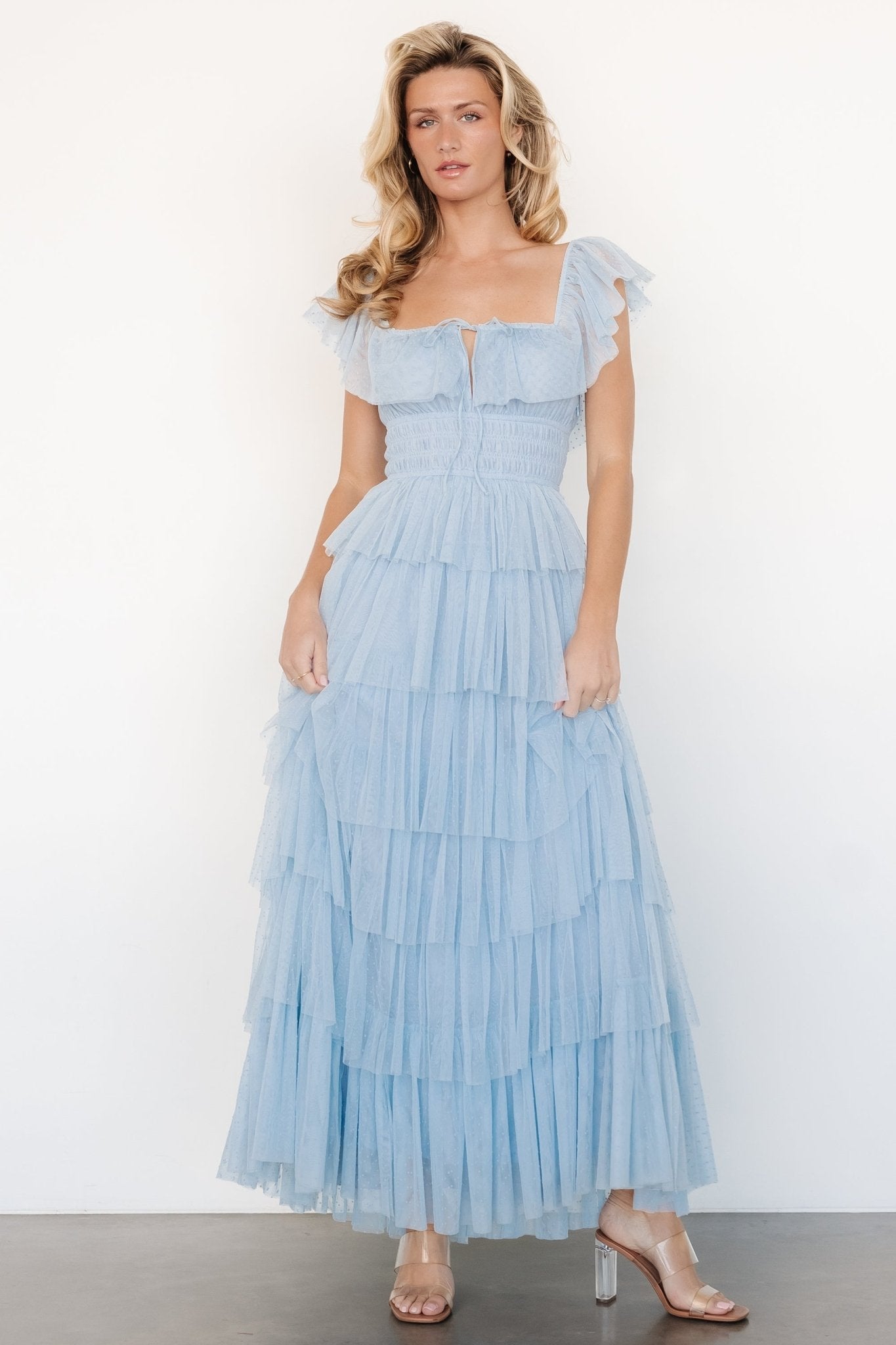 Valora Swiss Dot Tulle Maxi Dress | Light Blue Outlet Buy