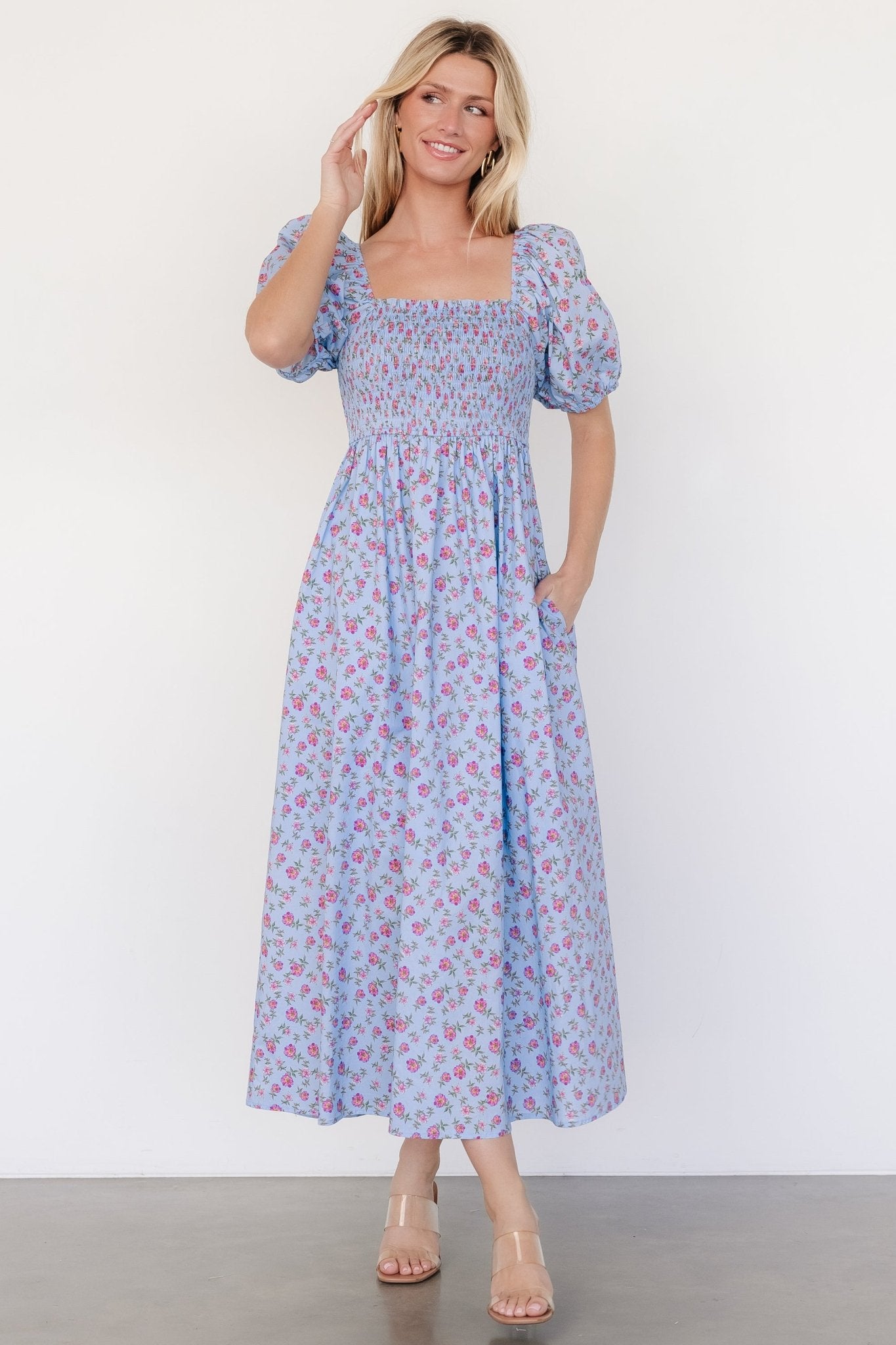 Haddie Smocked Midi Dress | Light Blue + Rose Floral For Sale Cheap Online