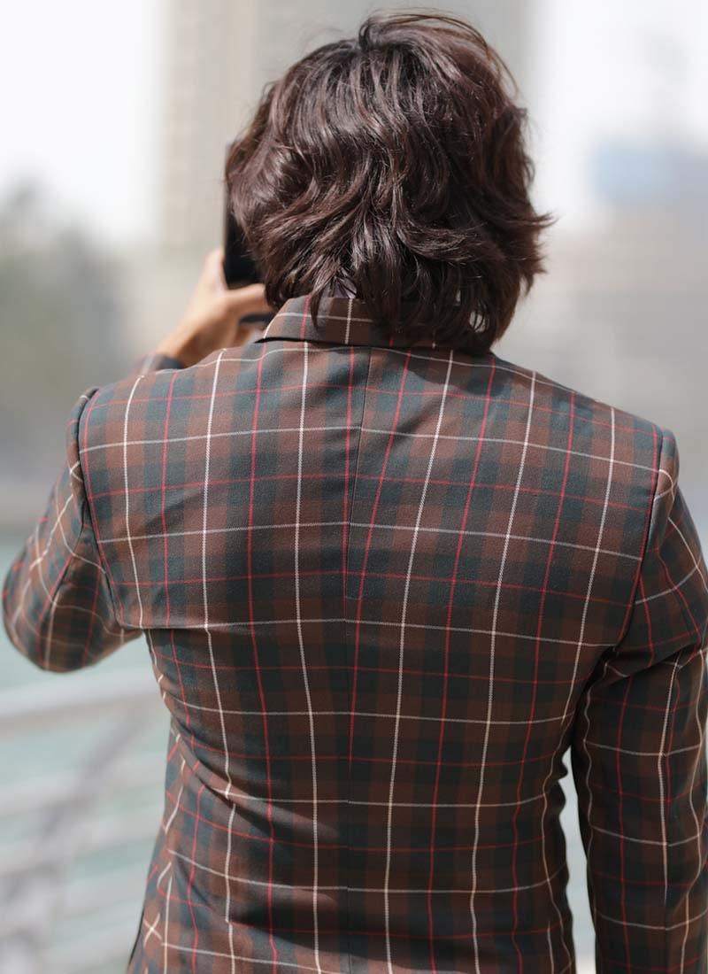 Brown Color Double Breasted Check Pattern Structured Fit Blazer Discount High Quality