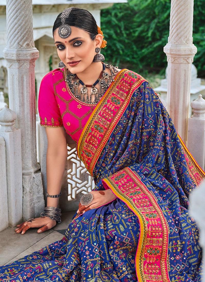 Attractive Silk Fabric Blue Color Mirror And Stone Work Half And Half Saree Free Shipping Tumblr