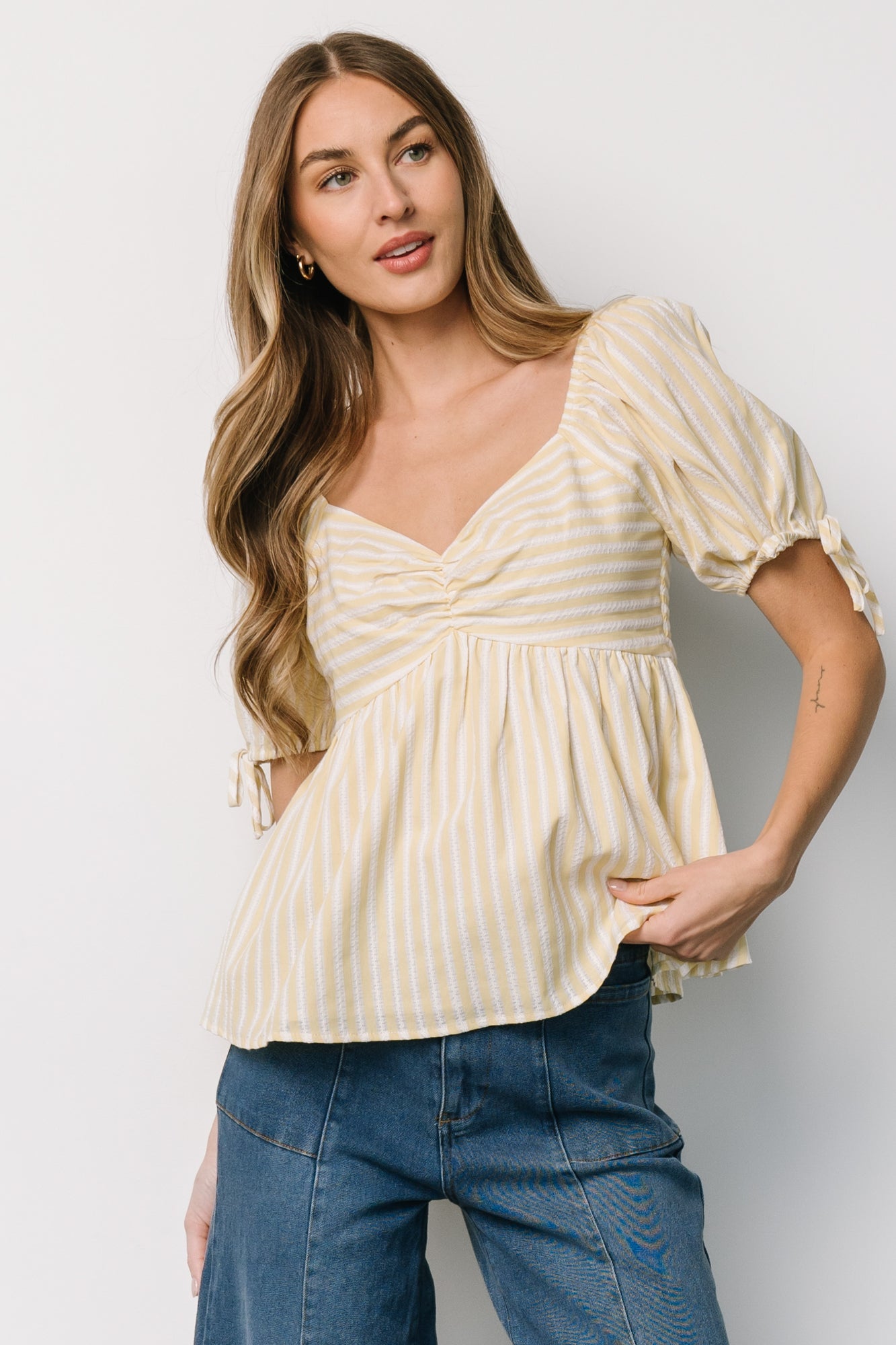 Betsy Peplum Top | Yellow + White Stripe Outlet Explore