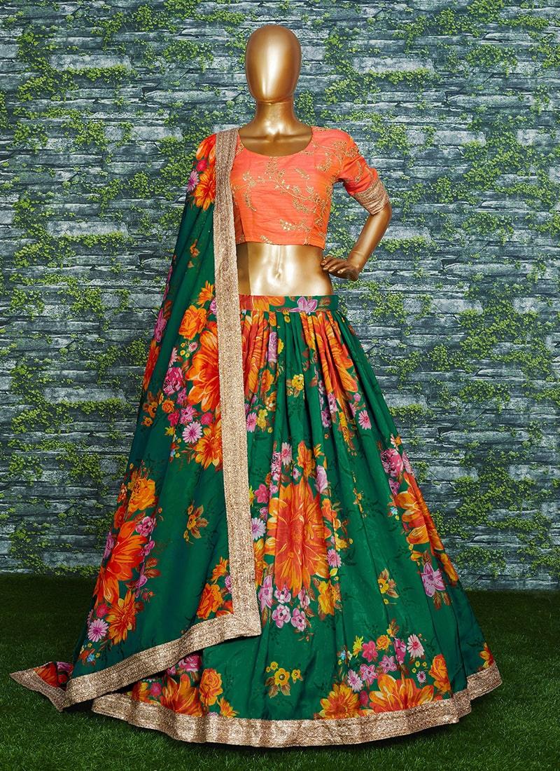 Sensational Green Color Organza Material Floral Print Lehenga Collections For Sale